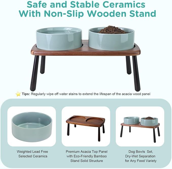 SPUNKYJUNKY Ceramic Elevated Dog Bowls Raised with Acacia Bamboo Wooden Stand, 8.3'' Dog Food Water Bowls Set Non-Slip for Medium Large Sized Breed Microwave Dishwasher Safe - 60 OZ,Light Green - Image 5