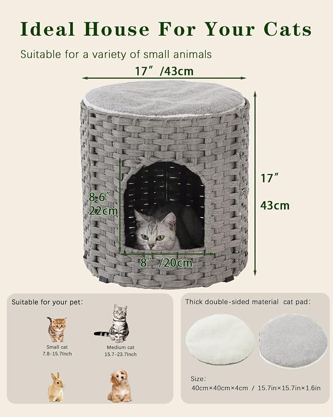 SETVSON Cat House for Indoor Cat, Large Double Cat Houses Cat Bed, Gray | Handwoven PE Rattan Bed Cave with One Soft Pad, Spacious 17 x 17 x 17 In Foldable Kitten Hideaway, Easy to Clean - Image 5