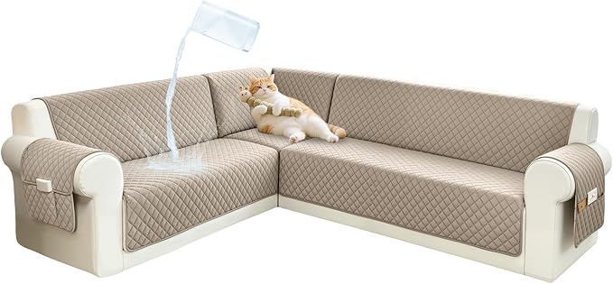 Sectional Couch Covers for Dogs 100% Waterproof Corner L Shaped Sofa Cover Pet Friendly Velvet Washable Anti Slip L Shape Modular Sofa Slipcover Protector with Pockets (Taupe, XL Plus) by SYJOVIA