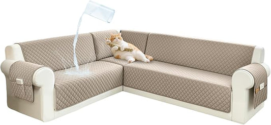 Sectional Couch Covers for Dogs 100% Waterproof Corner L Shaped Sofa Cover Pet Friendly Velvet Washable Anti Slip L Shape Modular Sofa Slipcover Protector with Pockets (Taupe, XL Plus) by SYJOVIA