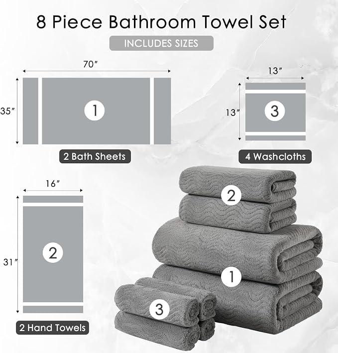 8 Piece Bath Towel Set Grey |2 Oversized Large Bath Sheet,2 Hand Towels,4 Washcloths| Ultra Soft Cozy Bath Towel Set for Bathroom Hotel Gym Spa,Highly Absorbent & Quick Dry Bathroom Towel Collections - Image 5