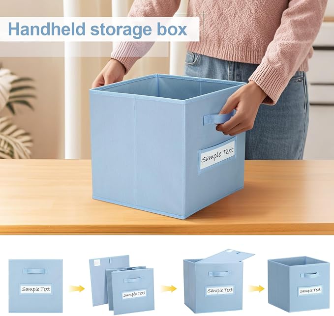 13x13x13 storage cube bins (Set of 10) Fabric storage cubes with 10 Labels Window Cards & a Pen, storage cubes 13x13, Collapsible 13 inch cube storage bins, Cubby Organizer Boxes, Pastel Blue - Image 4