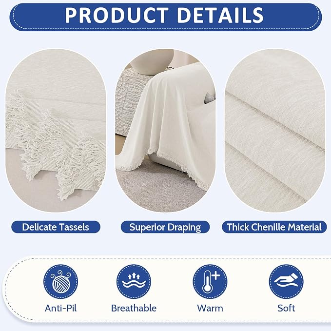 Chenille Couch Cover for Dogs, Boho Sofa Cover Washable Couch Cover, 3 Cushion Sofa Cover, Pet Throw Blankets for Couches with Tassel Furniture Protector Covers,71"×150",Beige White - Image 5