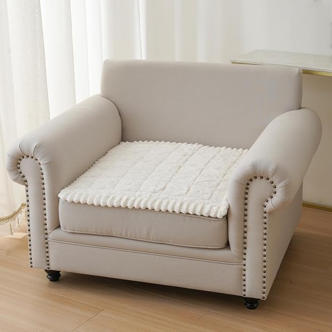 Fuzzy Couch Covers for Dogs, Non Slip Thick Dog Couch Cover Protector, Plush Pet Couch Covers for Sofa Washable, Soft Sofa Cushion Slipcovers Pet Friendly(1PC, Beige White, 27.6”x27.6”) by PJLZJFBY