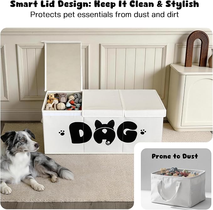 Dog Toy Basket with Lid, 3 Compartments Dog Basket for Toys, Dog Toy Box with 2 Removable Dividers, Collapsible Storage Bins for Dog Toys, Dog Storage Organizer, Beige - Image 4
