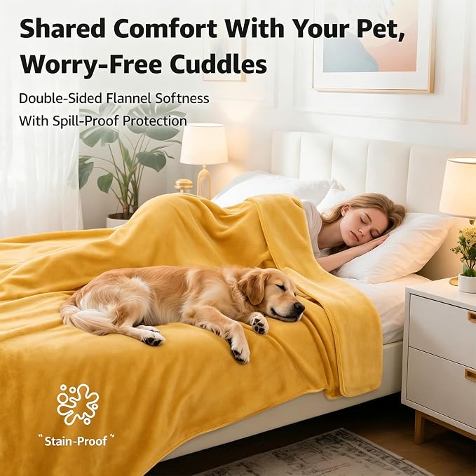 LOOBANI Yellow Waterproof Blanket for Bed, Flannel King Size 85"x108" | Double-Side Leak-Proof, Reversible, Stain-Proof Cover for Sofa Bed Protection, Ideal for Rest Movie Time, Camping, Travel - Image 2
