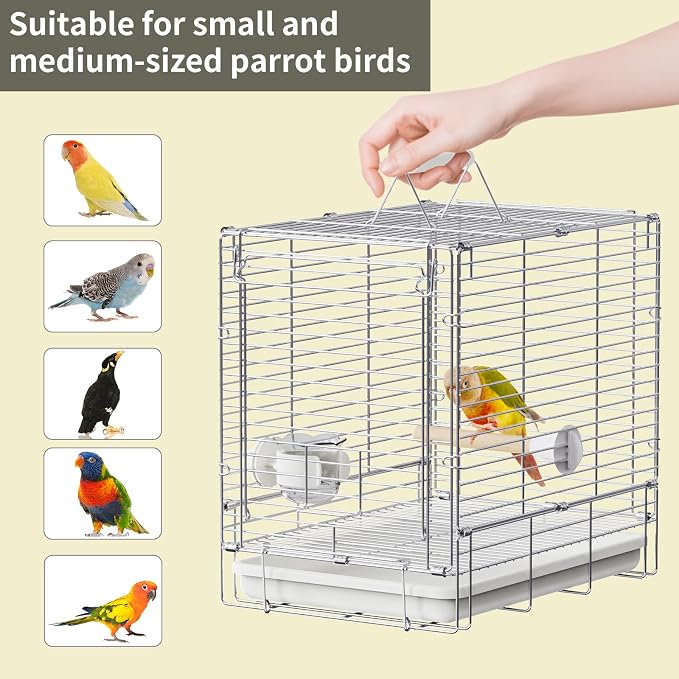Bird Carrier Travel Cage - 304 Stainless Steel Portable Folding Bird Travel Cage with Parrot Feeder Cups & Standing Perch for Smaller Birds Conures Lovebird Cockatiel Parakeets (White) - Image 6