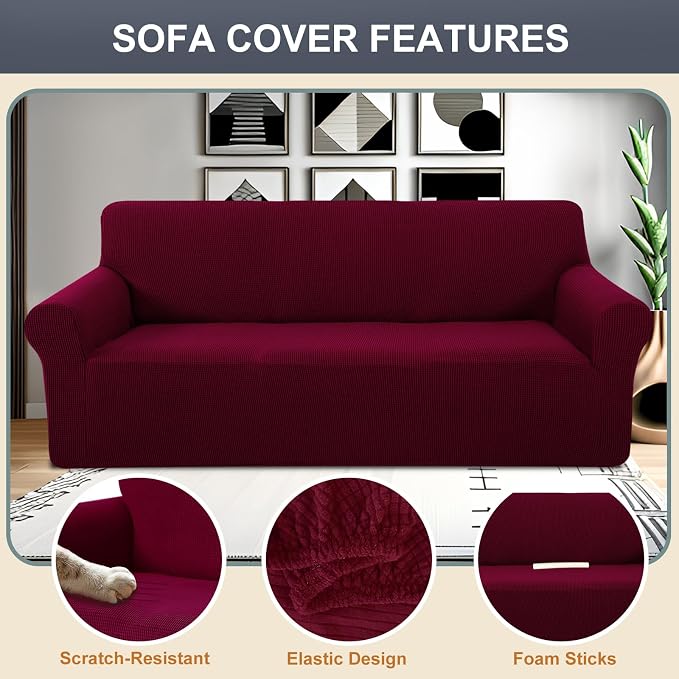 Stretch loveseat Covers Washable Sofa Slipcover, Burgundy | 1 Piece Couch Covers for Sofa Furniture Protector with Non Skid Foam and Elastic Bottom for Kids, Dogs - Image 3