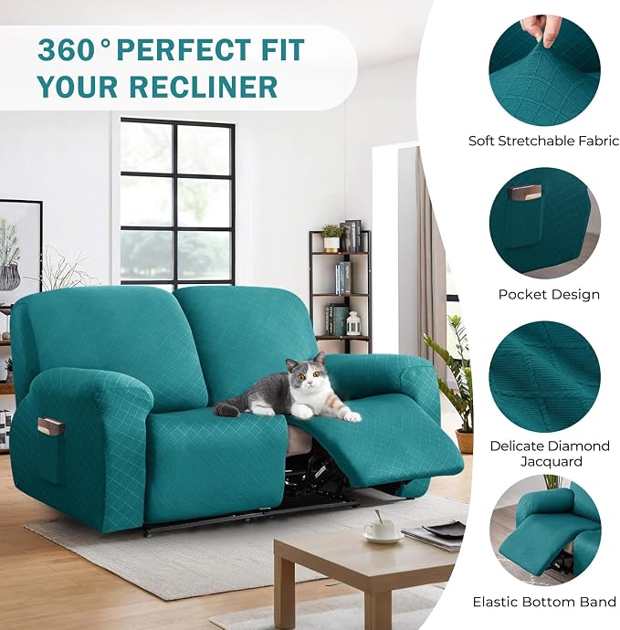 vctops Diamond Recliner Loveseat Slipcover 6-Pieces Stretch Dual Recliner Sofa Covers for 2 Seat Dual Reclining Loveseat Couch Soft Solid Furniture Protector (Teal,2 Seat) - Image 4