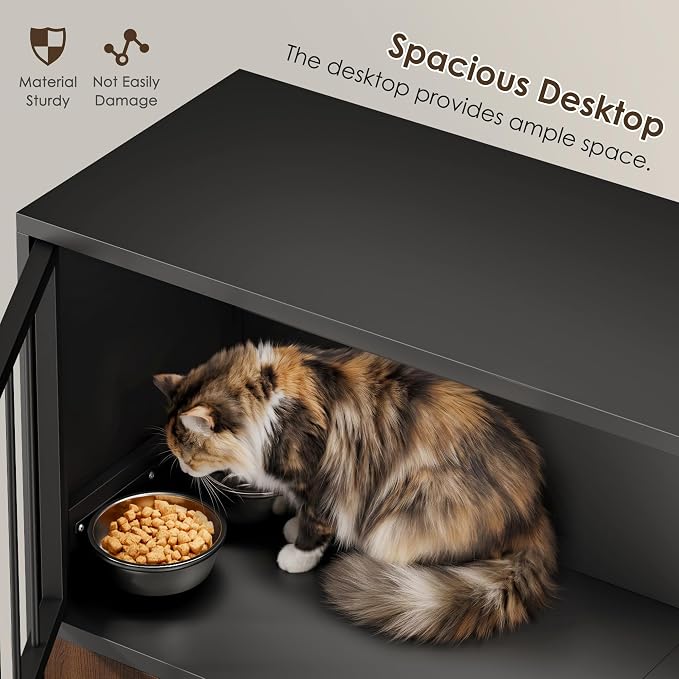 Dog Proof Cat Feeding Station, Metal Cat Feeding Cabinet, Black | Elevated Cat Feeding Station, Pet Food Station with Storage, Cat Bowl Stand, Scratching Board, Stainless Steel Bowls - Image 5