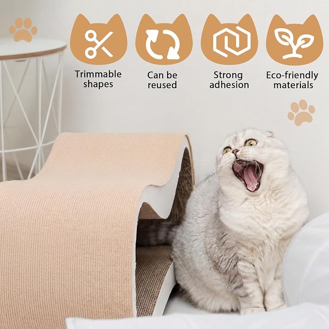 4 Pcs 118" x 15.8" Khaki Cat Scratch Mat, Trimmable Self-Adhesive Cats Scratch Carpet Couch Protector from Claw with Screws for Covering Cat Tower and Replacement Pads Wall Protector - Image 6