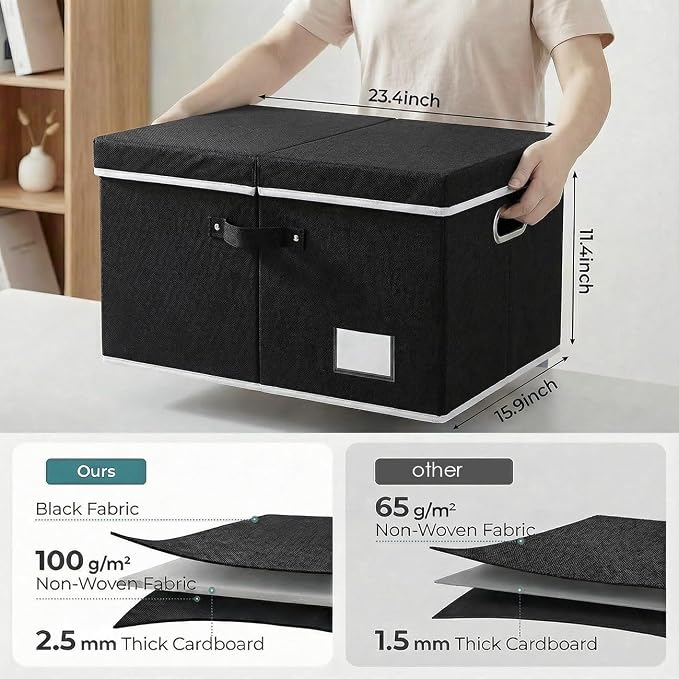 PRANDOM Storage Boxes with Lids [3-Pack] Fabric Collapsible Storage Bins Organizer Containers Baskets Cube with Cover for Home Bedroom Closet Office Nursery Black（23.4X15.9X11.5 - Image 2