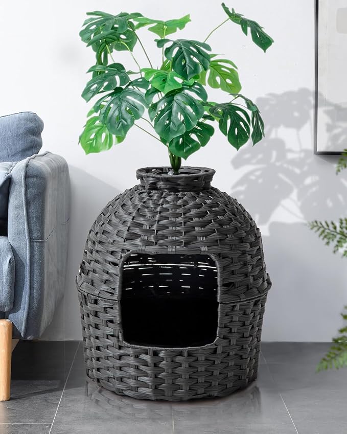SETVSON Cat Litter Box Plant Furniture Enclosure, PE Rattan House, Black | Decorative Planter Design, Easy Clean, Artificial Plants & Real Stones Included, Private Inner Litter Box, 20" x 20" Compact - Image 2
