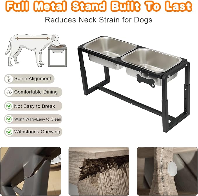 Metal Elevated Dog Bowls Medium/Large Breed with 2 Thick 1.2GAL Stainless Steel Raised Dog Bowl, Adjustable Height 3 Levels (8.8"-11.5"-14") Neck & Joint Protection - Image 6