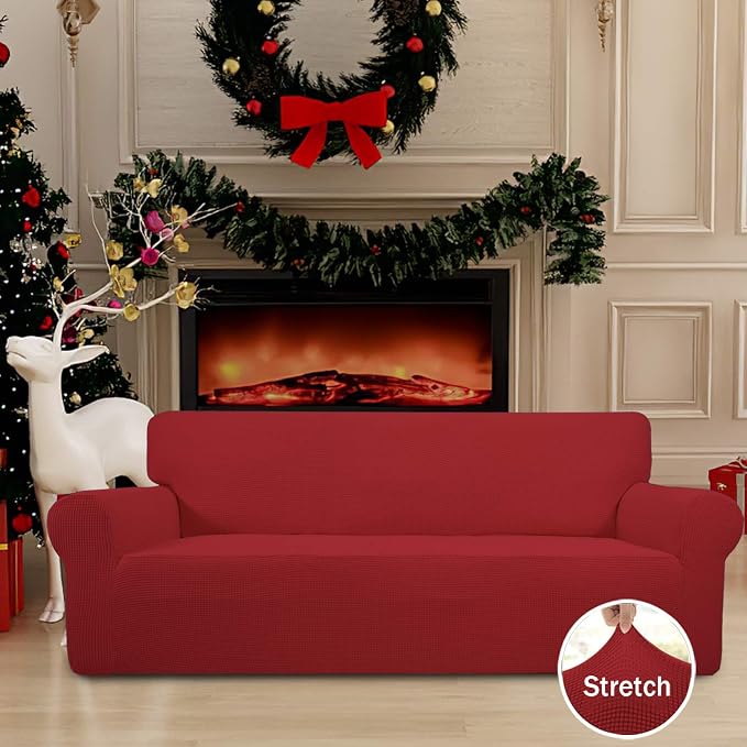 Easy-Going Stretch Couch Covers for Sofa Washable Large Christmas Red | 1-Piece Sofa Covers for 3 Cushion Couch Furniture Protector Couch Slipcover Soft with Bottom for Kids Pets - Image 2