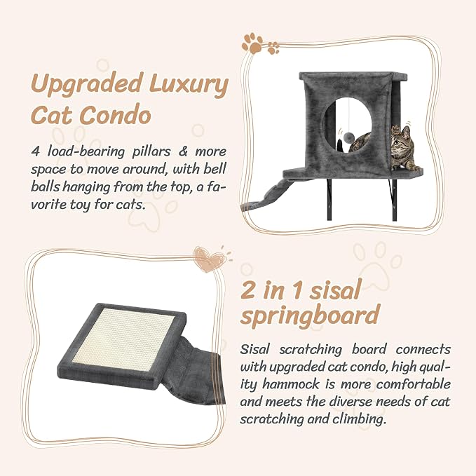 7-in-1 Cat Wall Shelves, Wall Mounted Climber Set | Cat Furniture with House, Tunnel, Bridge, Steps, Scratcher, Hammock, Shelves for Indoor, Drak Grey - Image 6