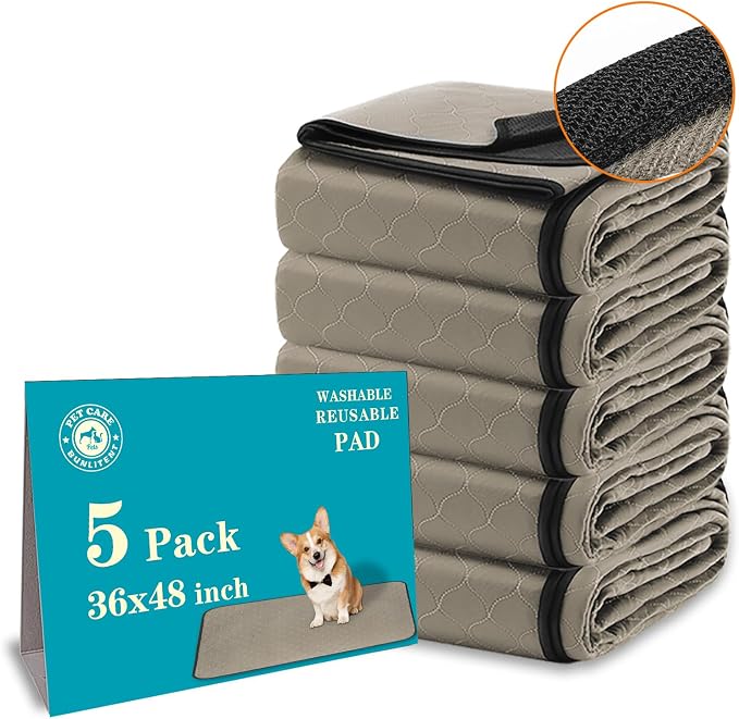 Bunlitent Washable Pee Pads for Dogs, 36x48, 5 Pack, Reusable Puppy Pads | Reusable, Quick Dry, Anti-Slip, Large, Waterproof, Whelping Pad for Pet, Playpen, Incontinence, Housebreaking, Brown by Bunlitent