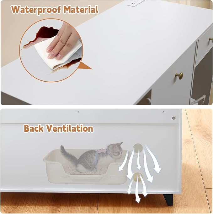41.3"x19.7"x36.2" Double Cat Litter Box Enclosures，Hidden Litter Box Furniture with Built-in Outlet-Multi-Level 2 Cats with Scratching Post and Storage, Dual cat Litter Cabinet for 2 Litter Boxes - Image 5