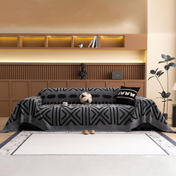 STACYPIK Boho Dark Grey Couch Cover for Pets Non Slip Black Geometric Sofa Cover Anti-Scratch Furniture Protector for 2 Cushion Couch with Tassels Multi-Use Sofa Slipcover for Sectional-71X118IN by STACYPIK
