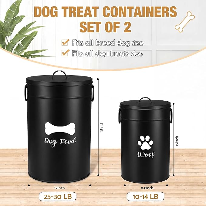 DoubleFill Extra Large 30+14 lb Metal Dog Food Storage Containers Set of 2 Black Airtight Dog Treat Snack Jars with Lids and Spoon Farm House Style Big Pet Cookie Storage Bin for Kitchen Counter Gift - Image 2