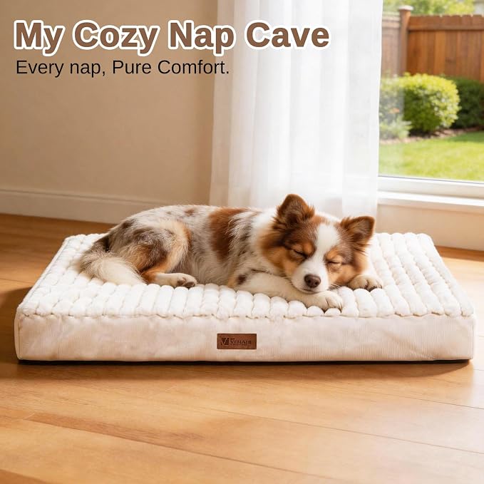 Orthopedic Dog Bed for Large Dogs, Firm Egg Crate Foam, Non-Slip Bottom | Machine Washable Cover, Plush Faux Rabbit Fur Top, Pet Beds for Crate, Floor & Car, Up to 50 lbs, Beige, 35"L x 22"W x 3"H - Image 5