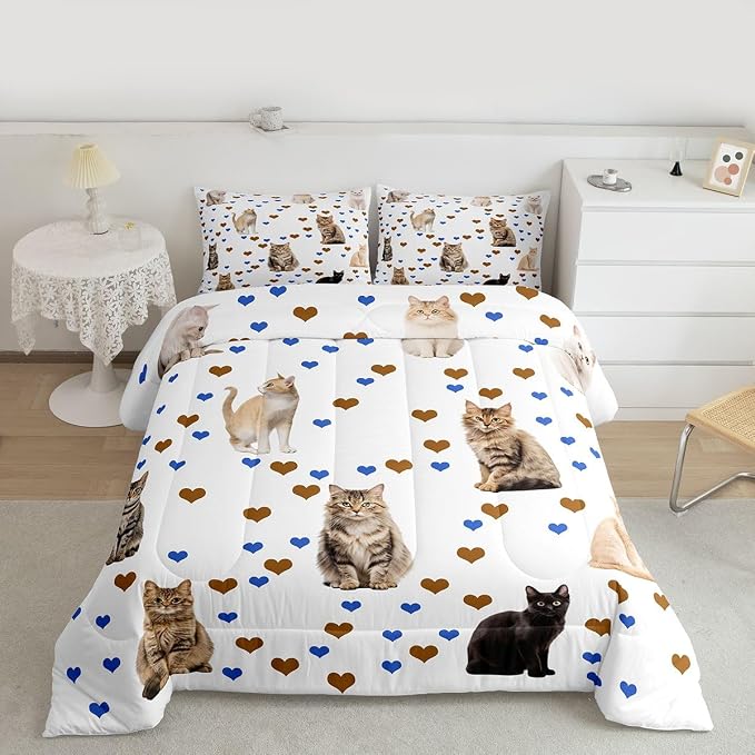 Feelyou Cats Comforter for Women Kids Cute Cat Kawaii Bedding Bed Set Print Animals Comforter Set Child Pet Kitten Lover Hearts Quilt Collection 3Pcs King Size Boys by Feelyou