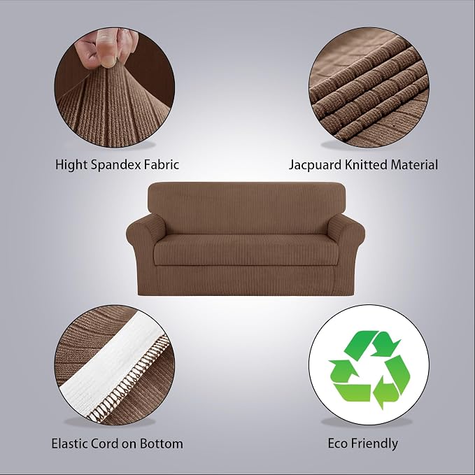 Sofa Cover Stretching Skid Resistance Couch Cover for Pets Washable, Thick and Durable Soft High Spandex Striped Pattern Sofa Covers, Form Fitted Sofa Slipcover(Sofa, Brown) - Image 2