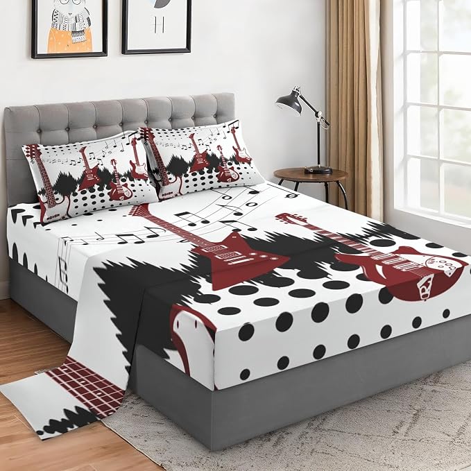 WeCozy Full Size Bed Sheet Sets with Pillowcases, Guitar Rock Music 4 Pcs Soft Microfiber Bedding for Kids and Adults, Musical Play Flat, Fitted Sheet for Bedroom Bed Decor by WeCozyHomeDecor