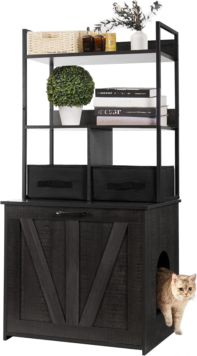 Dwanton Litter Box Enclosure with 2 Storage Shelves and 2 Drawers, 2-in-1 Hidden Cat Litter Box Enclosure Furniture with Shelf, Reversible Entrance, Washable Drawers, 50-Inch, Dark Grey by DWANTON