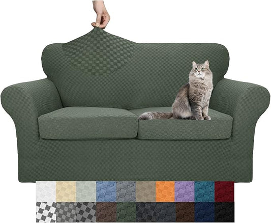 YEMYHOM Latest Checkered 3 Pieces Couch Covers for 2 Cushion Couch High Stretch Thickened Love Seat Sofa Cover for Dogs Pets Elastic Loveseat Slipcover Protector (Army Green), 55"-69"(2 Cushions) by YEMYHOM