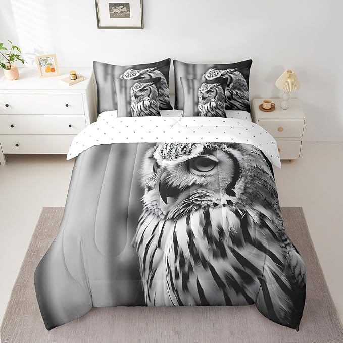 Erosebridal 7-Piece Owl Animal Comforter Set Twin Size, Owl Bed in a Bag Bedroom Comforter with Sheets (1 Comforter, 1 Flat Sheet 1 Fitted Sheet 2 Pillowcases and 2 Pillow Shams), Black Grey by Erosebridal