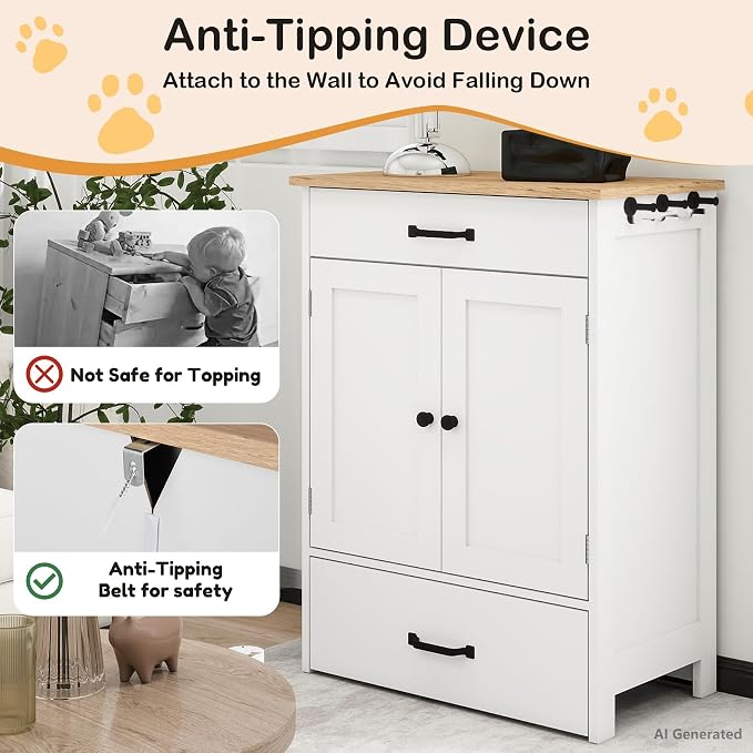 Dog Feeding Station Food Storage with 2 Elevated Stainless Bowls White Wood | Pet Organizer Cabinet With Adjustable Shelf Sliding Drawer Hidden Feeder ,Toy Organization Container for Cats & Dogs - Image 5