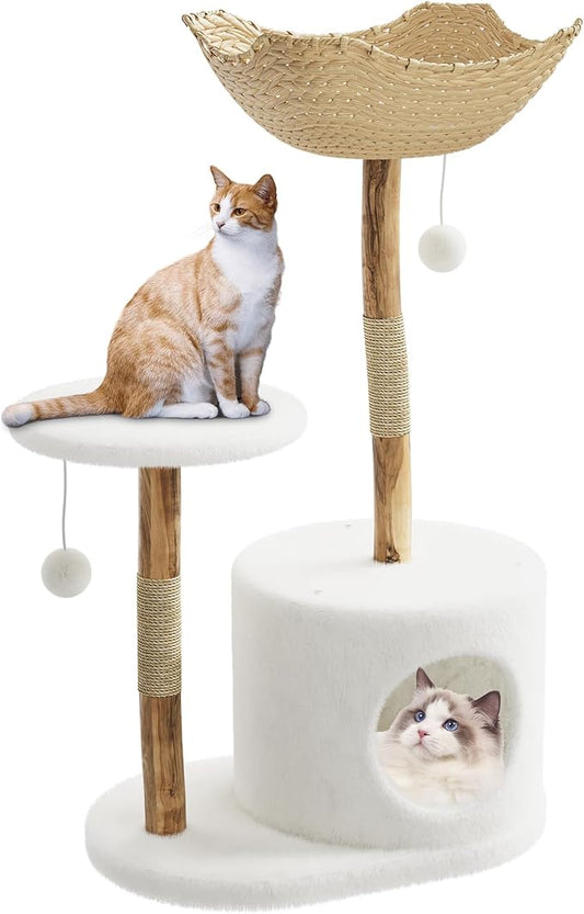 Luxury Wooden Cat Tree Tower for Large Cats41"/46" Modern Cat Condo with Natural Wood, Jute Scratching Posts, Spacious Woven Basket, Hanging Plaything Balls – Deluxe Indoor Cat Furniture, No locations
