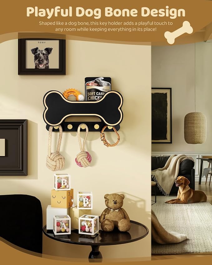 MTERSN Decorative Dog Leash Holder for Wall - Dog Stuff Organizer and Doggie Bone Key Holder Wall Mount with 5 Cute 3D Puppy Paw Hooks & Storage Shelf - Apartment Essentials (Black) - Image 2