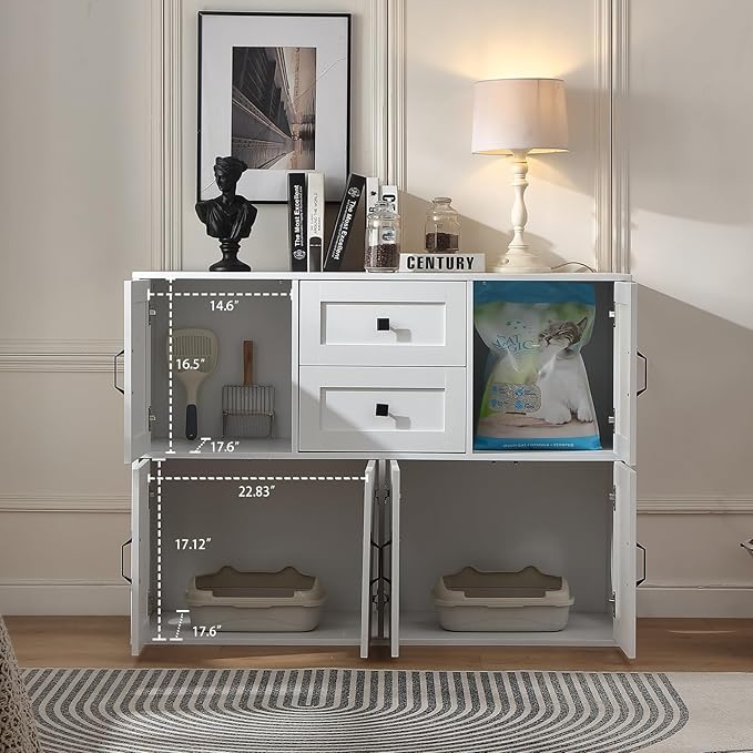 Forest Gravity Large Dog-Proof Double Cat Litter Box Enclosure with Storage for 2 Cats,Cat Washroom Cabinet with 2 Drawers,47.6'' Modern Dual Litter Box Furniture Cabinet with Compartments,White - Image 4