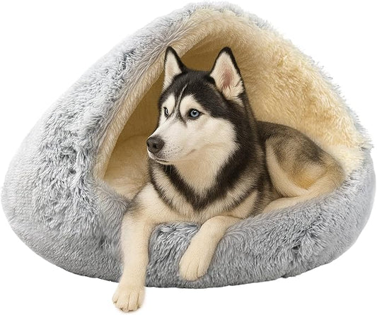 ShinHye Round Plush Fluffy Hooded Cat Bed Cave, Cozy for Indoor Cats or Small Dogs, Waterproof Bottom, Washable（35 in） by ShinHye