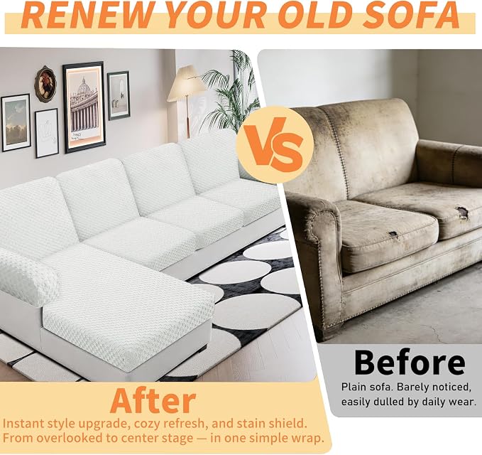 YEMYHOM Couch Cushion Covers for Sofa, Stretch Sectional Couch Seat Cushion Covers Washable Thick Furniture Protector Sofa Slipcovers for Pets (3 Seater + 1 Chaise, White) - Image 4
