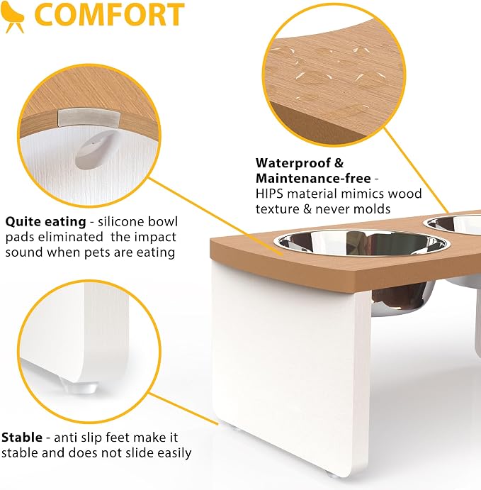 Elevated Dog Bowls, Waterproof Raised Dog Bowl for Medium Dogs, HIPS Poly Lumber Stand with 2 Stainless Steel Bowls, Indoor & Outdoor Use (7'' Tall-40 oz Bowl, Teak - White) - Image 5