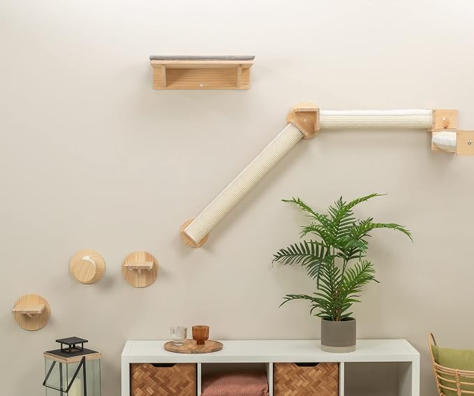 Trixie Cat Wall Furniture Set 6-7pc Cat Climbing Wall Set - Sisal Rope Scratching Posts, Elevated Bed, Corner Shelf, Steps - Natural/White - Image 2