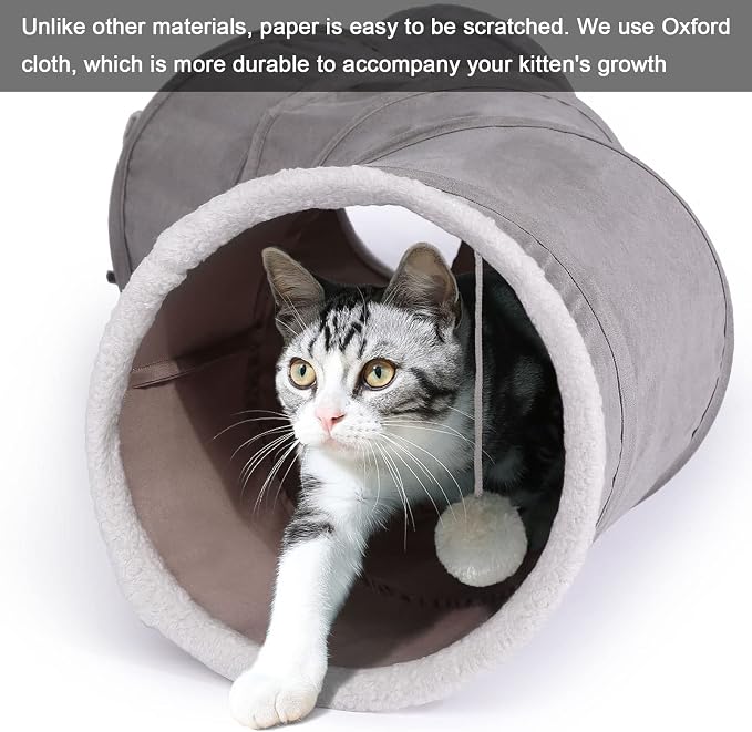 Ownpets S-Shape Cat Tunnel Toy 48"L x 10"D, for Cats, Puppies & Small Pets | Collapsible for storage, tear-resistant oxford fabric, connects to other tunnel, with peek hole, feather wand, indoor/outdoor - Image 2