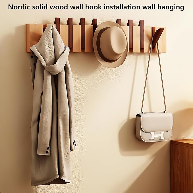 Wall Mounted Coat RackHooks Piano Key Hangers Natural Solid Wood Hanger Non-Woven Fabric Clothes Hangers for Closet, Kitchen, Bedroom, Bathroom, Entryway (Walnut-Beech, 10 Hooks) - Image 2