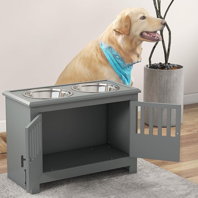 PawHut Large Elevated Dog Bowls with Storage Cabinet, 37L Gray | Raised Dog Bowl Stand Pet Food Bowl Dog Feeding Station - Image 9