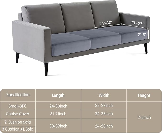 Hokway Velvet Couch Cushion Covers Water Resistant Seat Covers Stretch Sofa Cushion Protector(Small-3PC, Grey) - Image 2