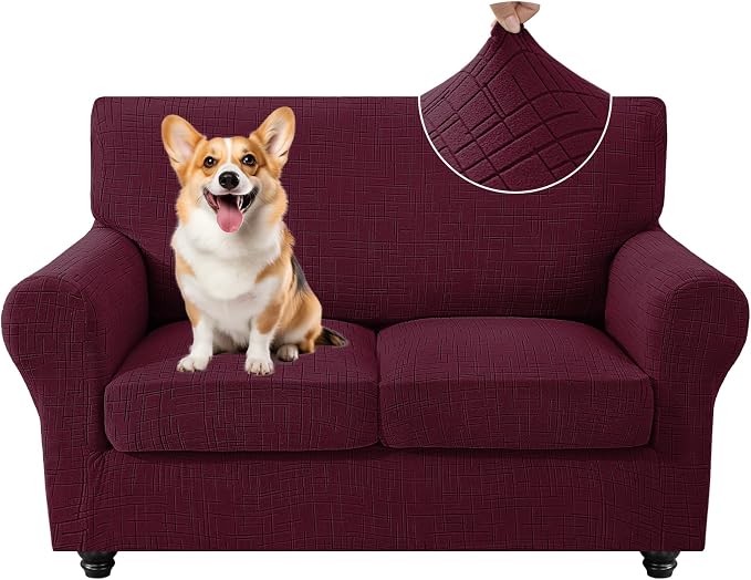 CYCMCAO 3 Piece Stretch Sofa Cover Couch Covers for 2 Cushion Couch, Non Slip Loveseat Covers, Sofa Covers Washable with Elastic Bottom for Kids, Dogs (Burgundy), 55"-69" (2 Cushion Loveseat) by CYCMACOHOME
