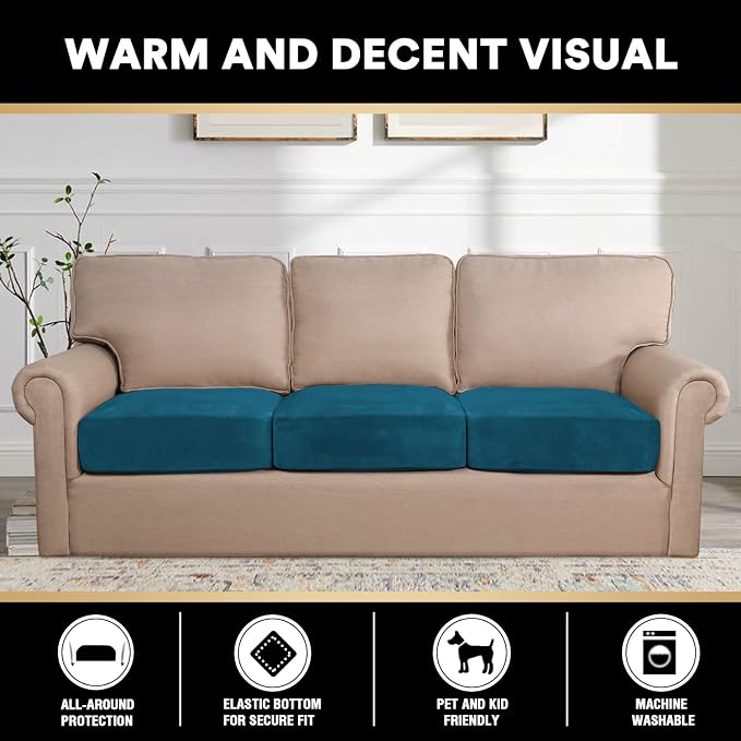 PrinceDeco Stretch Sofa Cushion Covers for Couches and Sofas,Soft Velvet Couch Seat Covers, Sofa Covers Washable, Seat Cushion Cover for 3 Couch Sofa Pet Friendly - Deep Teal, Each Width Up to 29.5" - Image 3