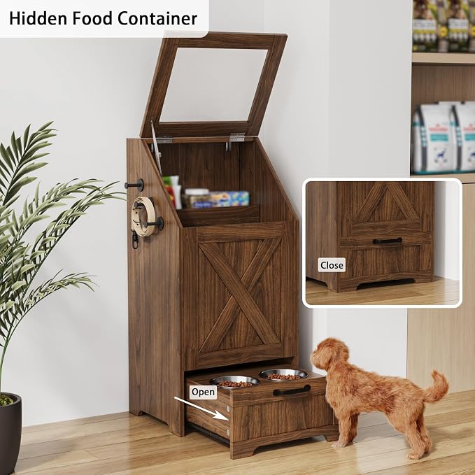 Dog Feeding Station with Storage Cabinet and 2 Elevated Dog Bowls, Hidden Pet Food Storage Organizer for Dog &Cat,Modern Dogs Furniture (Walnut) - Image 6