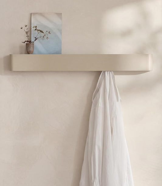 Kazai. Coat Rack Wall Mount with Shelf 'Tone' | Modern Design Coat Hanger with Hidden Hooks and Storage | Hat Rack with Shelf in Metal | Wall-Mounted Purse Organizer | Sand Taupe by KAZAI