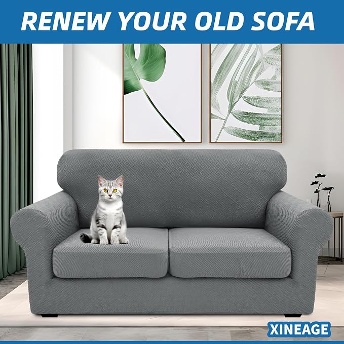 XINEAGE 2026 New 3 Pieces Couch Covers for 2 Cushion Sofa Super Stretch Loveseat Slipcover Pet Dog Universal Slip Cover Anti Slip Love Seat Furniture Protector (Light Gray, 55"-69") - Image 3