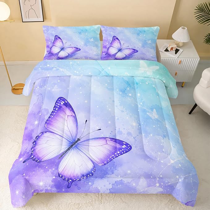 QOOMO Butterfly Comforter Queen Size Set - Watercolor Kids Bedding, 3Pcs With 2 Pillowcases, Down Alternative, Soft and Lightweight for All Seasons - Image 2