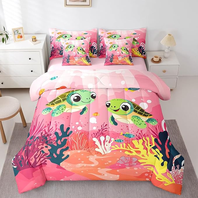 Erosebridal Kawaii Sea Turtle 7-Piece Bedding Set King Size, Ocean Life Tortoise Bed in A Bag, Underwater World Sea Animal Comforter Set with Sheets, Colourful Coral Bedding Comforter Sets, Pink - Image 3